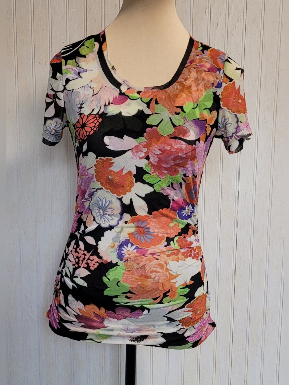 Natorious Josie Natori Floral Mesh Ruched Top Size Small EUC